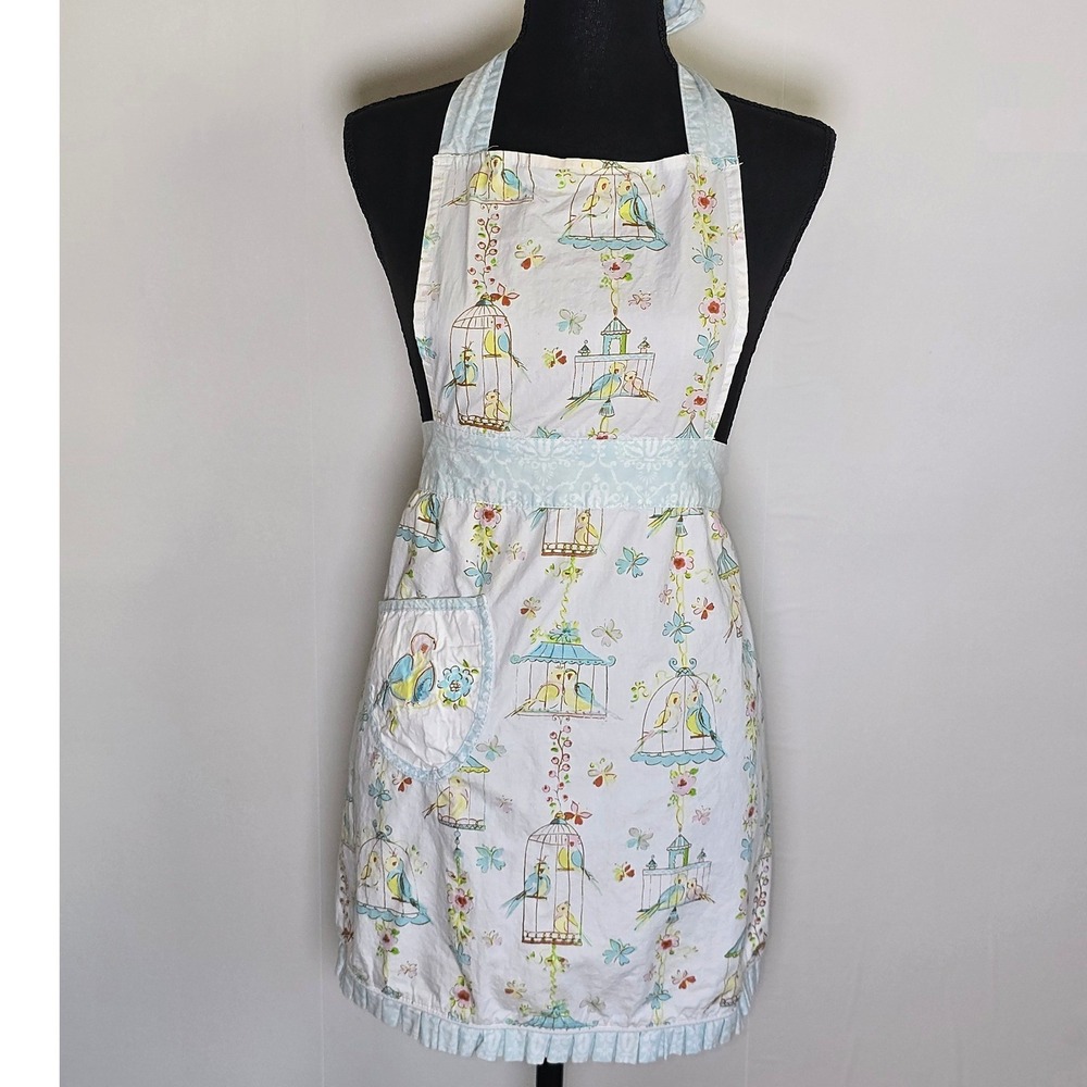 Vintage Style Women's Birdcage Print Apron Cottagecore Shabby Chic Blue White